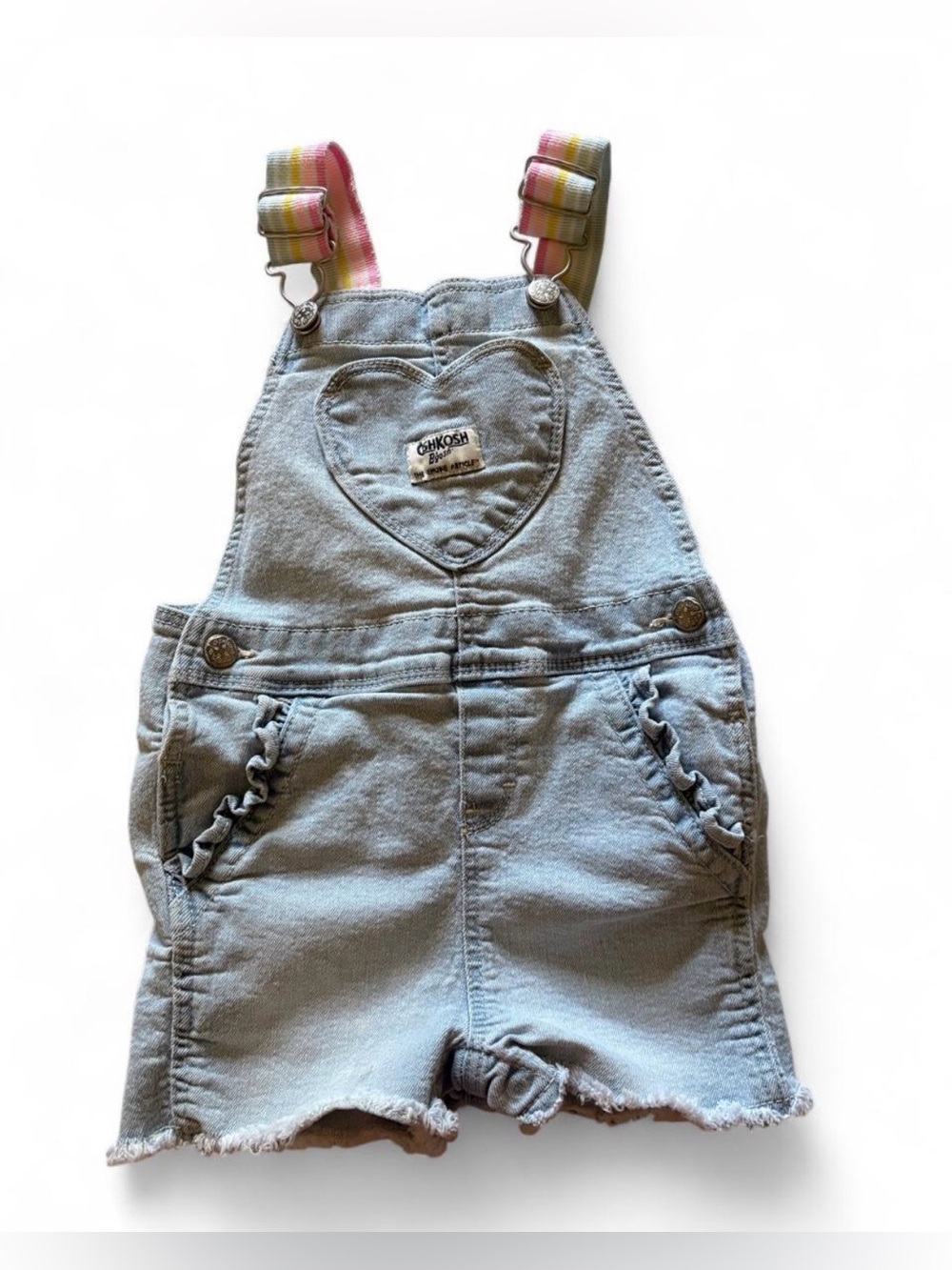 OshKosh B'gosh Light Denim Heart Pocket Short Overalls with Striped Straps